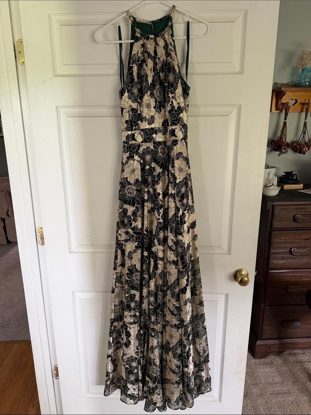Betsy & Adam Black and Cream Floral Halter Maxi Gown